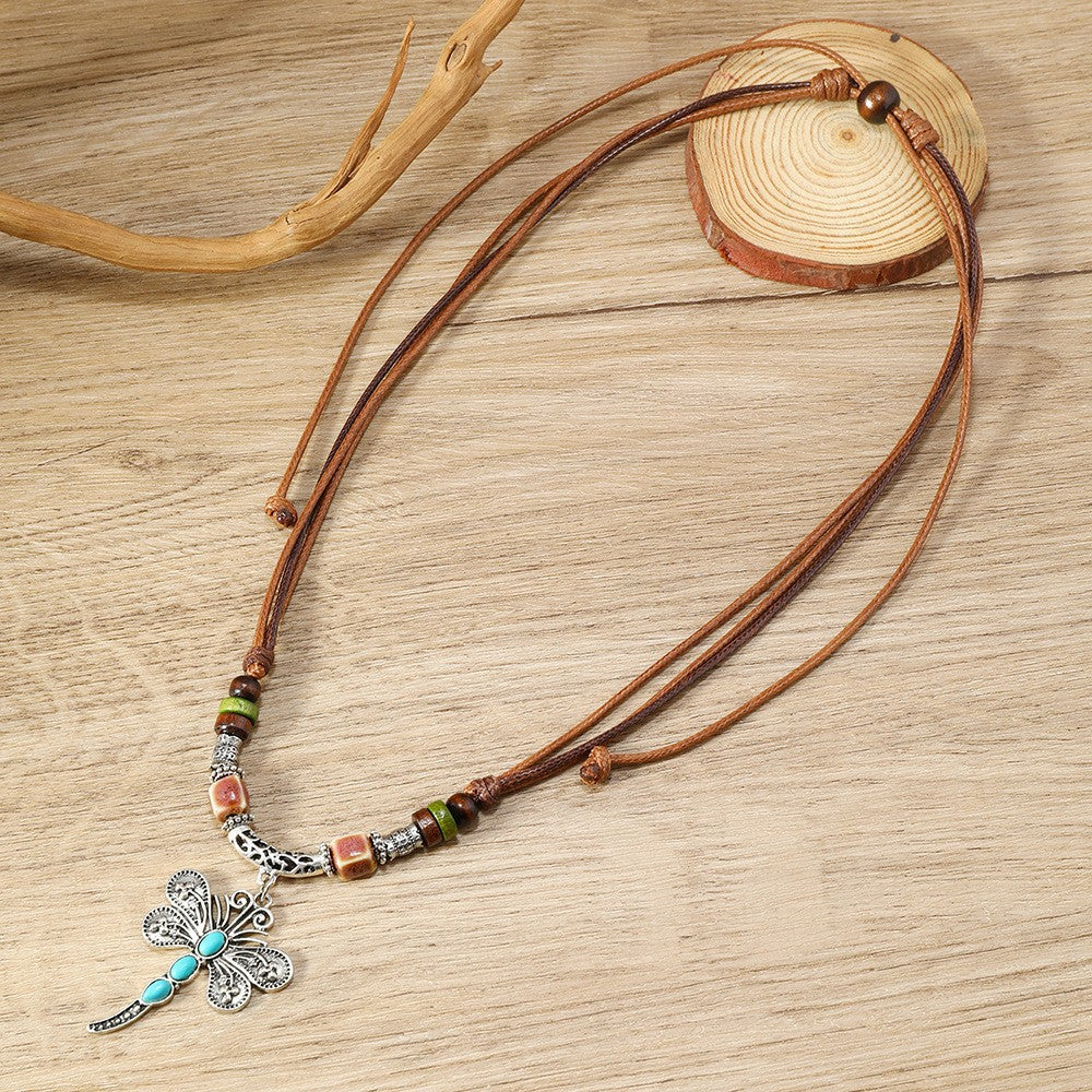 Wholesale retro butterfly alloy multi-layer wooden beads knotted hand-woven necklace jewelry